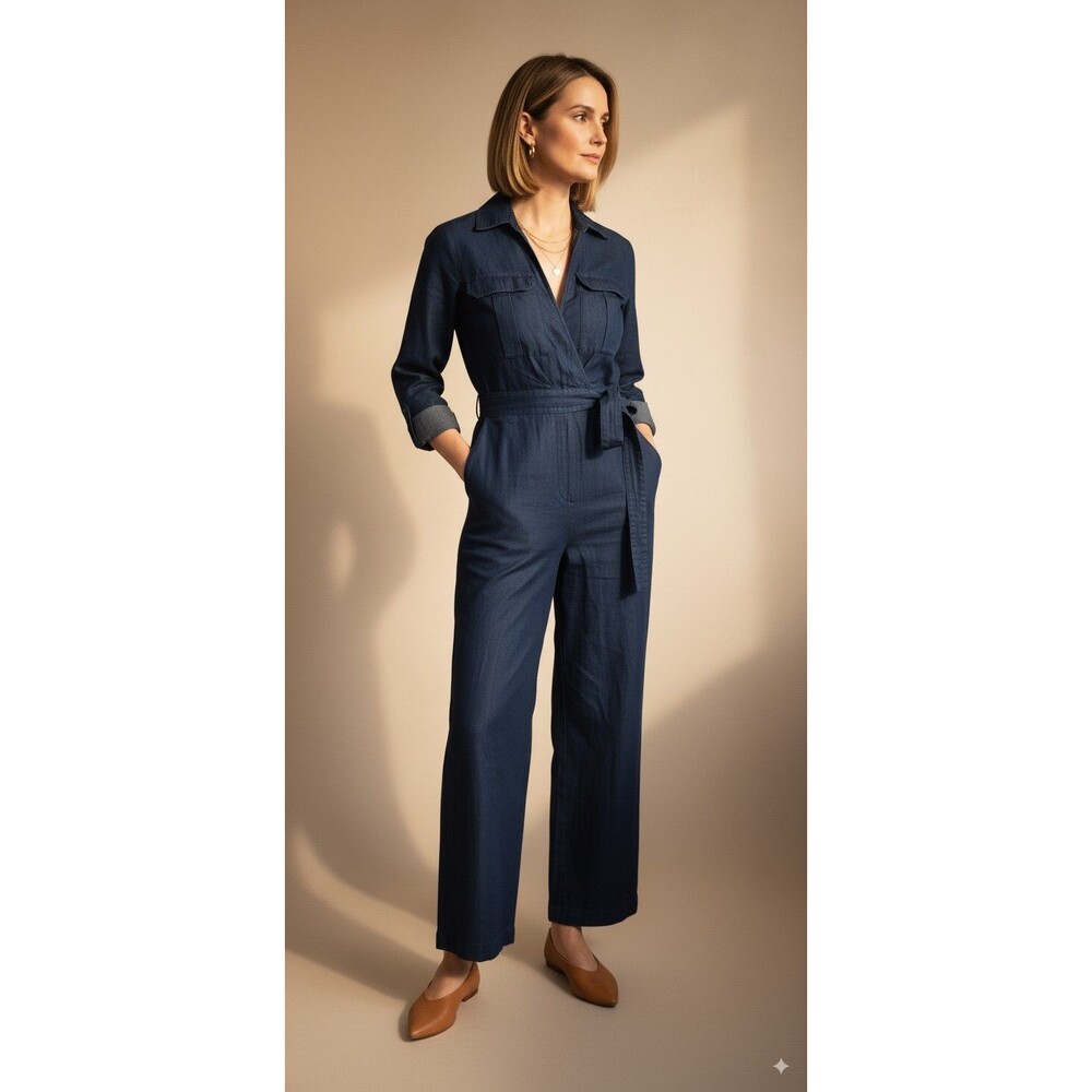 New Banana Republic Jumpsuit Size 6 Denim‎ Wrap Top Dark Blue Long Sleeve NWOT